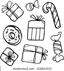 new year 2020 christmas gifts boxes with bow sweet candy and donut. vector linear illustration. cartoon doodle black and white freehand drawing. pattern for holiday design and coloring books. group