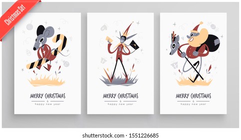 New Year 2020 And Christmas Greeting Card collection. Cute holiday themed Characters and situations