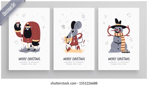 New Year 2020 And Christmas Greeting Card collection. Cute holiday themed Characters and situations