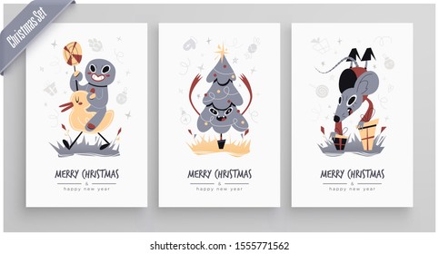New Year 2020 And Christmas Greeting Card collection. Cute holiday themed Characters and situations