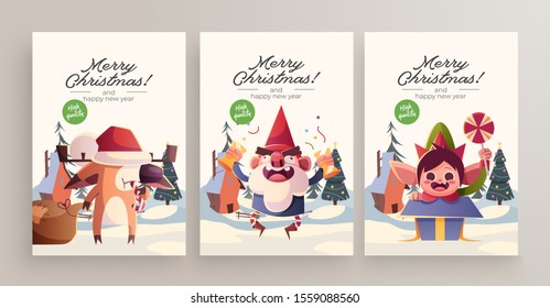 New Year 2020 And Christmas Greeting Card collection. Cute holiday themed Characters and situations