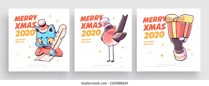 New Year 2020 And Christmas Greeting Card collection. Cute holiday themed Characters and situations