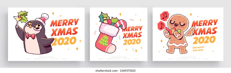 New Year 2020 And Christmas Greeting Card collection. Cute holiday themed Characters and situations