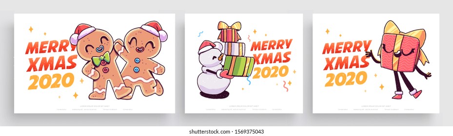 New Year 2020 And Christmas Greeting Card collection. Cute holiday themed Characters and situations