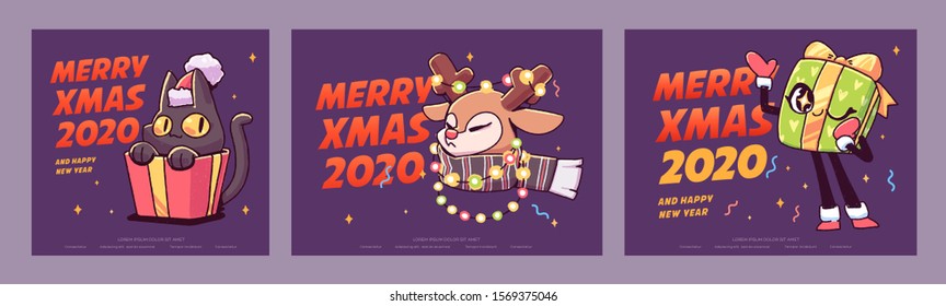 New Year 2020 And Christmas Greeting Card collection. Cute holiday themed Characters and situations