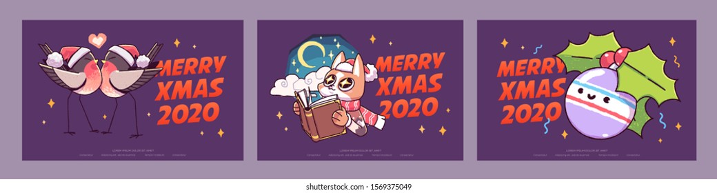New Year 2020 And Christmas Greeting Card collection. Cute holiday themed Characters and situations