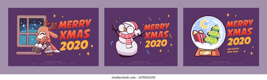 New Year 2020 And Christmas Greeting Card collection. Cute holiday themed Characters and situations