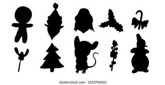 New year 2020 and christmas set vector made of silhouettes. Christmas set vector of silhouettes that consists of gingerbread and santa claus, santa hat and with caramel cane and snowman with mistletoe
