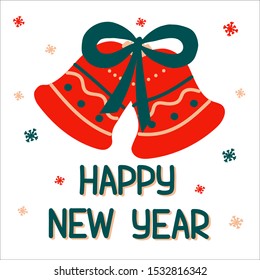New Year 2020 and Christmas traditional red bells with green ribbon in scandinavian hand drawn style with lettering. Vector illustration, one simple bright object, square format for social media.