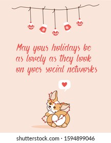 New year 2020, Christmas vector illustration with Corgi dog, Christmas decorations and garland. Design for poster, postcard, print.