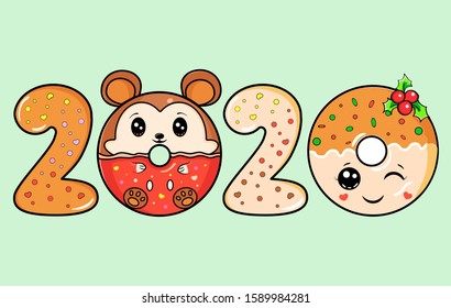 New Year 2020. Colorful design. Year of the rat, mouse. Sweet christmas donuts. Happy new year winter card with sweets. Vector illustration of a sweet holiday mouse. Merry Cristmas.