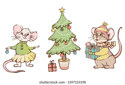 New Year 2020. Colorful design. Year of the rat, mouse. Rats exchange gifts under the Christmas tree. Cute hand drawn vector character. 2020 year of the rat symbol. Two mice boy and girl