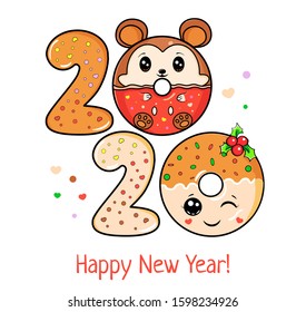 New Year 2020. Colorful design. Year of the rat, mouse. Lettering in the form of donuts, cookies. Sweet year. Happy new year winter card with mouse. Vector illustration of donuts sweet holidays.