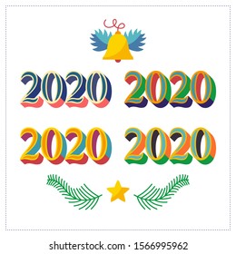 New Year 2020 colorful illustration set. Vector lettering for the coming year. Collection of numbers for greeting cards, posters, New Year`s decorations.