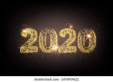 New year 2020 composition with fireworks and sparks. Template for your design. Vector illustration.