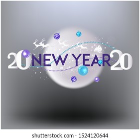 New year 2020 composition with levitating christmas decorations and big moon on the background. Vector illustration.jpg