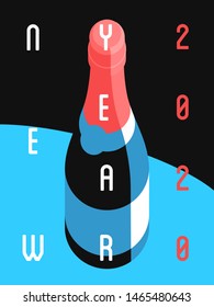 New Year 2020 concept. Champagne bottle, letters, black and blue background. Vector illustration