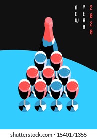 New Year 2020 concept. Champagne bottle and glasses arranged in the shape of a Christmas tree. Isolated image, letters, blue and black background. Vector illustration