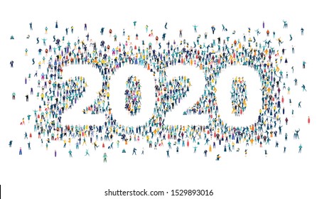 New Year 2020 concept illustration. 2020 made of many little people in business and casual clothes. Living, working and celebrating together. 