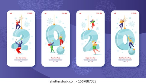 New Year 2020 concept for mobile app page onboard screen set. People celebrate near huge numerals, dance with sparklers and crackers. Website or web page template with cartoon flat vector Illustration