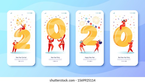New Year 2020 concept for mobile app page onboard screen set. Happy flat cartoon people celebrate hold huge numerals, confetti and fireworks on background. Illustration for website or web page.  