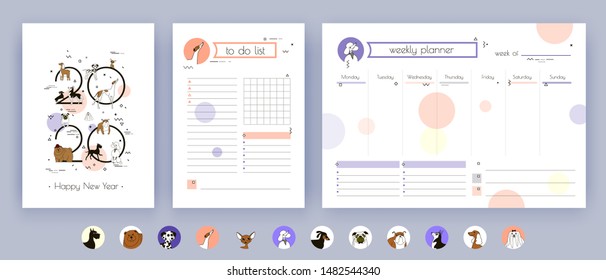 New Year 2020. Cover, Organizer And Schedule With Notes And To Do List. The Template Is Decorated With Icons And Drawings Of Dog Breeds. Vector Art, Minimal. Isolated