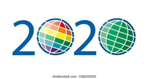 new year 2020 creative colorful text with two globe, green and rainbow