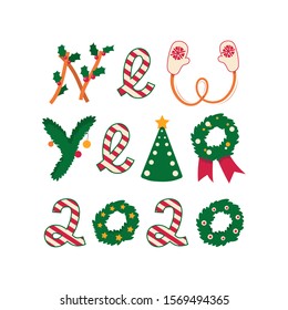 NEW YEAR 2020 - creative concept. Letters in form of mittens, green Christmas wreath, fir tree shape, striped red-white candy, holly plant or ilex. Isolated on white background. Original winter idea.