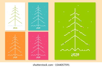 New Year 2020 creative pixel tree conceptual cards or banners set. Minimalistic design for holiday seasonal template or layout. Elegant and simple idea. Vector illustration.