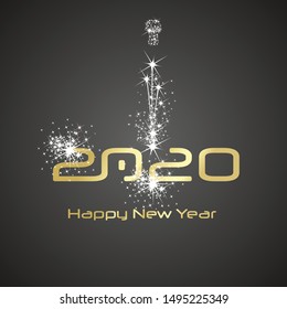 New Year 2020 cyberspace firework gold white black background
