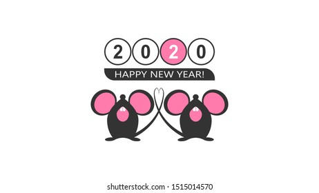 New Year, 2020. Date on a white background, two rats in cartoon style. Vector illustration.