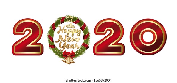 New Year 2020. New Year design with Christmas fir wreath and golden bells. Stylized Christmas inscription 2020. Vector illustration