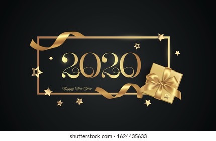 New Year 2020 design template Isolated on black background with decorative gift box & golden stars. Cover of business diary & wishes. Brochure, card & banner. 