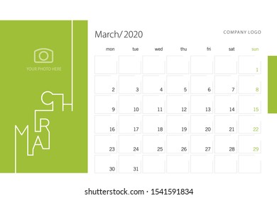 New Year 2020 Desk Calendar Planner March modern line design template green background