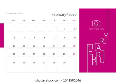 New Year 2020 Desk Calendar Planner February modern line design template pink background