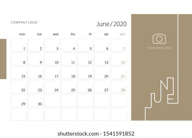 New Year 2020 Desk Calendar Planner June modern line design template gold background