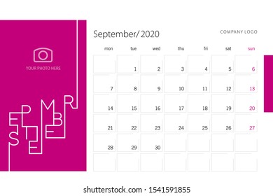 New Year 2020 Desk Calendar Planner September modern line design template pink background