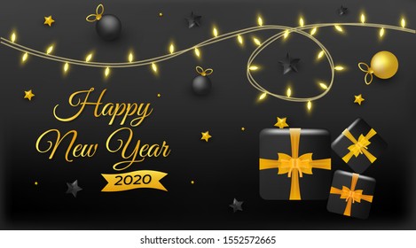 New Year 2020 festive background with decorative glittering lamps and stars suitable for poster, invitation card.