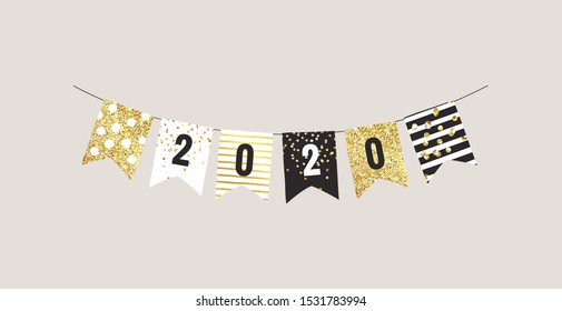 New year 2020 festive bunting flags with white, black and gold patterns. Vector illustration