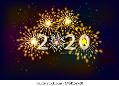 New Year 2020, fireworks background with copy space. illustration vector.	