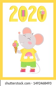 New Year 2020 flat vector poster with mouse template. Little mouse with ice cream in a hand. Numbers with ice cream cartoon illustration. Summer  holiday  postcard, greeting card design
