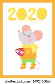New Year 2020 flat vector autumn poster with mouse template. Little rat in warm clothes drinking tea character. Knitted numbers cartoon illustration. Fall season greeting card, postcard design