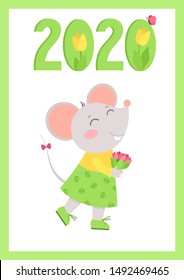 New Year 2020 flat vector poster with mouse template. Little rat holding flowers bouquet character. Numbers with tulips cartoon illustration. Spring holiday  postcard, greeting card design