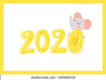New Year 2020 flat vector greeting card with mouse template. Little rat hugging cheese numbers cartoon illustration. Chinese calendar zodiac sign. Rodent poster, postcard design 