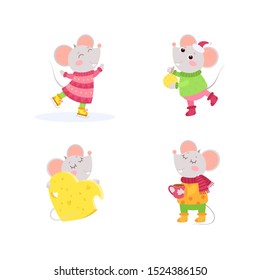 New Year 2020 flat vector characters set. Little mice winter characters. Chinese calendar zodiac sign.  Rodent poster, square postcard design 