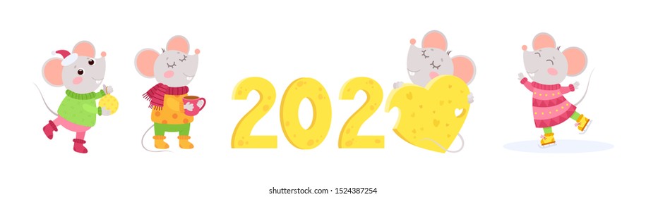 New Year 2020 flat vector characters set. 4 little mice winter characters. Chinese calendar zodiac sign. 