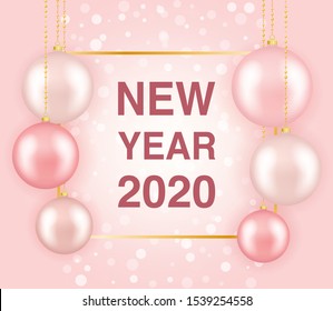 New Year 2020. Gentle pink banner with Christmas balls and confetti. Vector illustration. Concept for poster of greeting card.