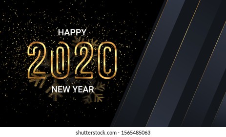 New year 2020 glitter card on black background. Design template celebration. Banner, greeting card design template, golden confetti. 2020 new year background celebration. Luxury gold party invitation.
