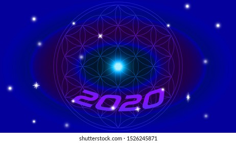 New Year 2020 and Glowing Flower of Life. Vector illustration.
