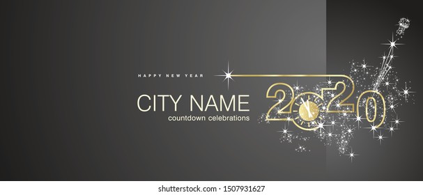 New Year 2020 gold clock firework midnight city countdown celebrations black background